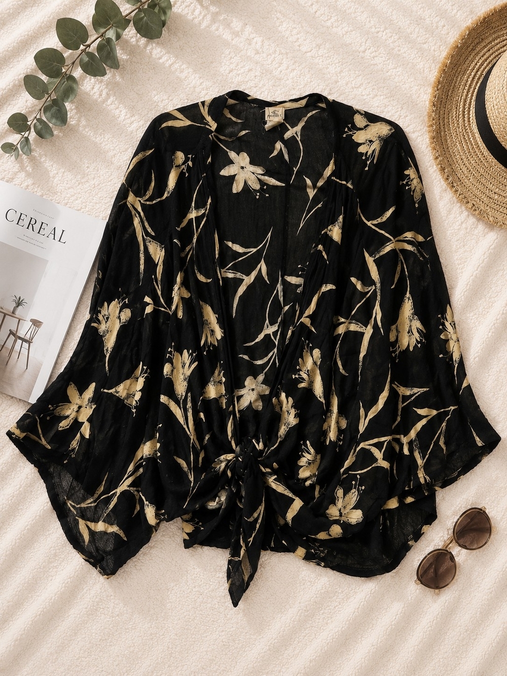 O'Neill Lightweight Black Floral Tie-Front Kimono Top